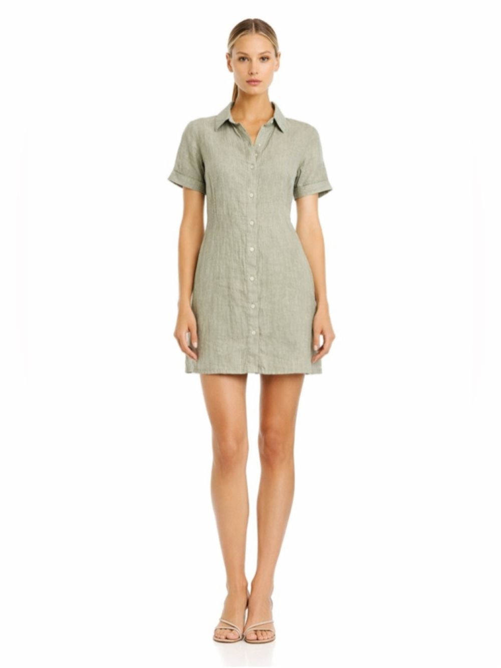 Tahari 100% Linen Shirt Dress Sage Green Button Front Mini XS Classic Olive